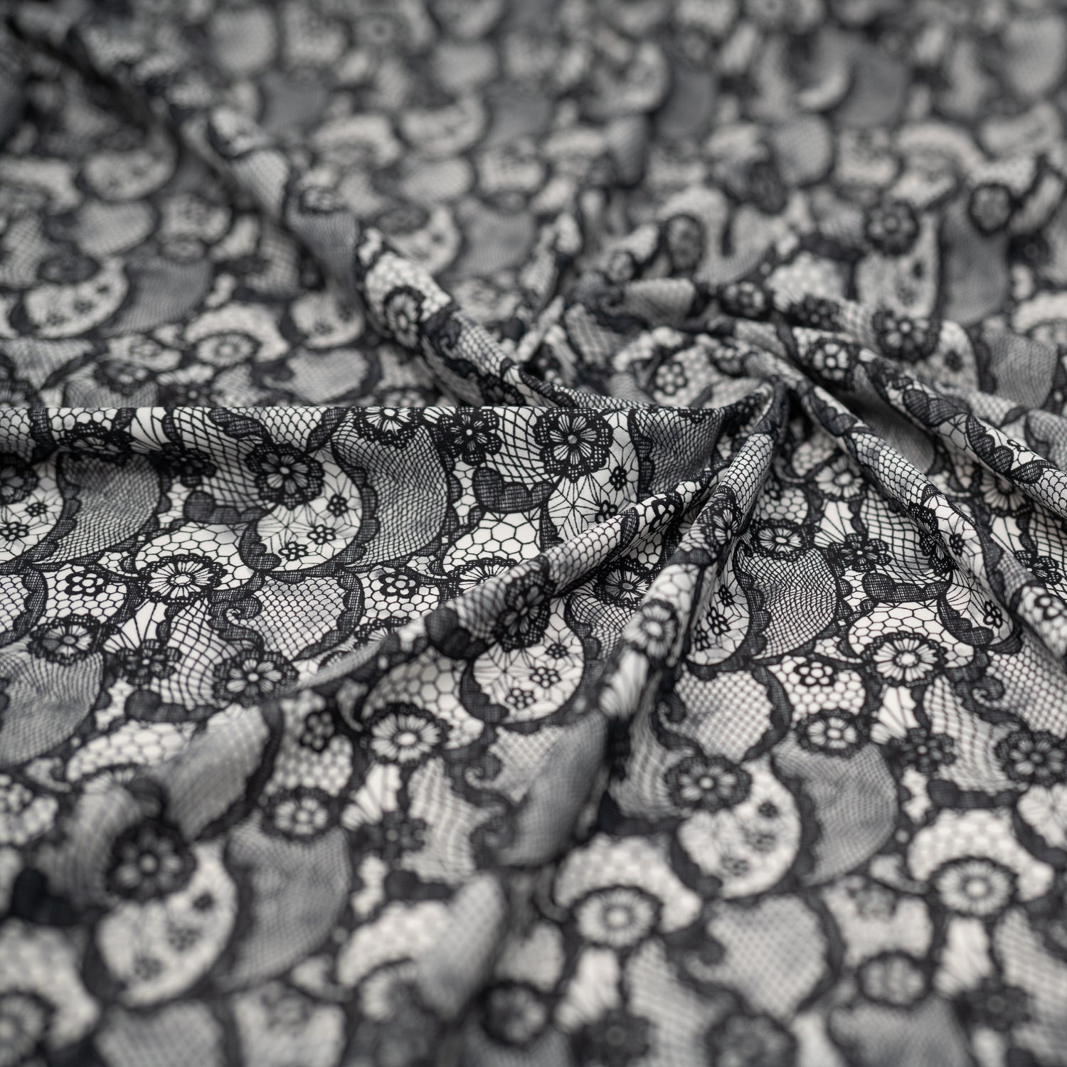 Black Paisley Lace Pattern on White Printed Spandex Fabric | CDW