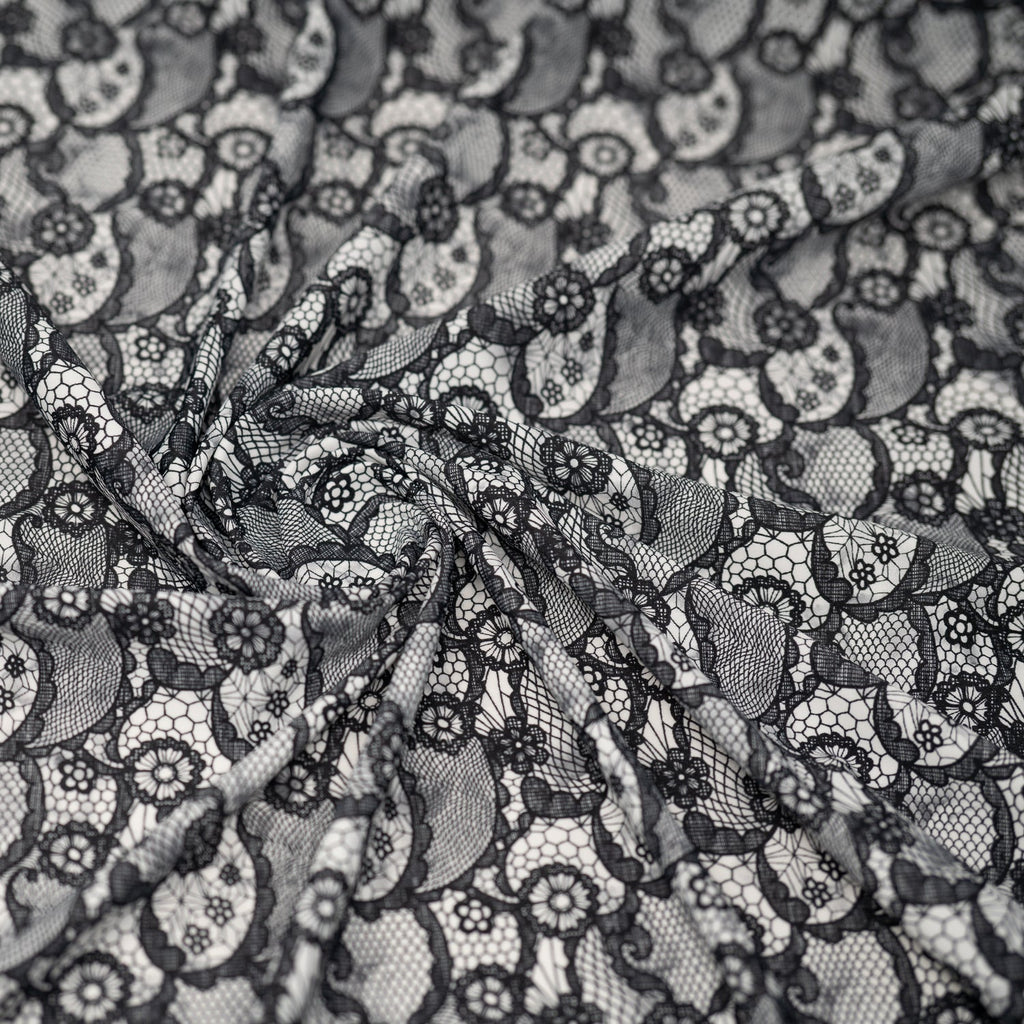 Black Paisley Lace Pattern on White Printed Spandex Fabric | CDW