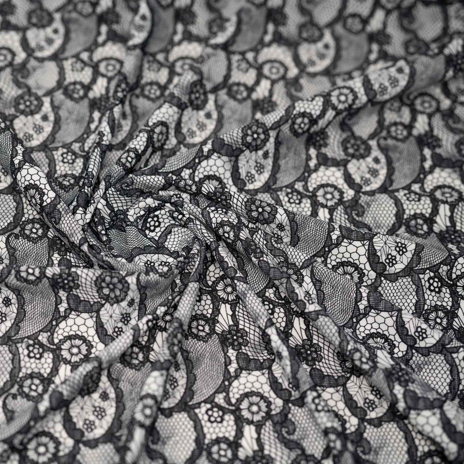 Black Paisley Lace Pattern on White Printed Spandex Fabric | CDW