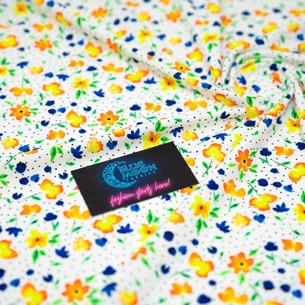 Watercolor Flowers and Black Dots Printed Spandex Fabric | CDW