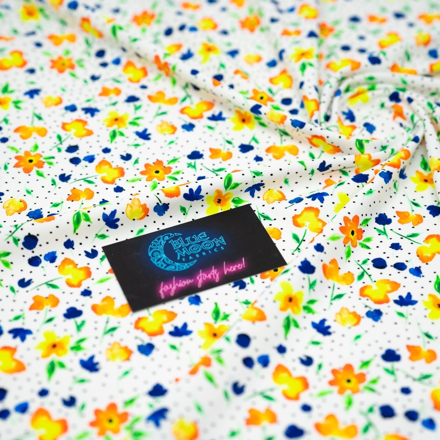 Watercolor Flowers and Black Dots Printed Spandex Fabric | CDW