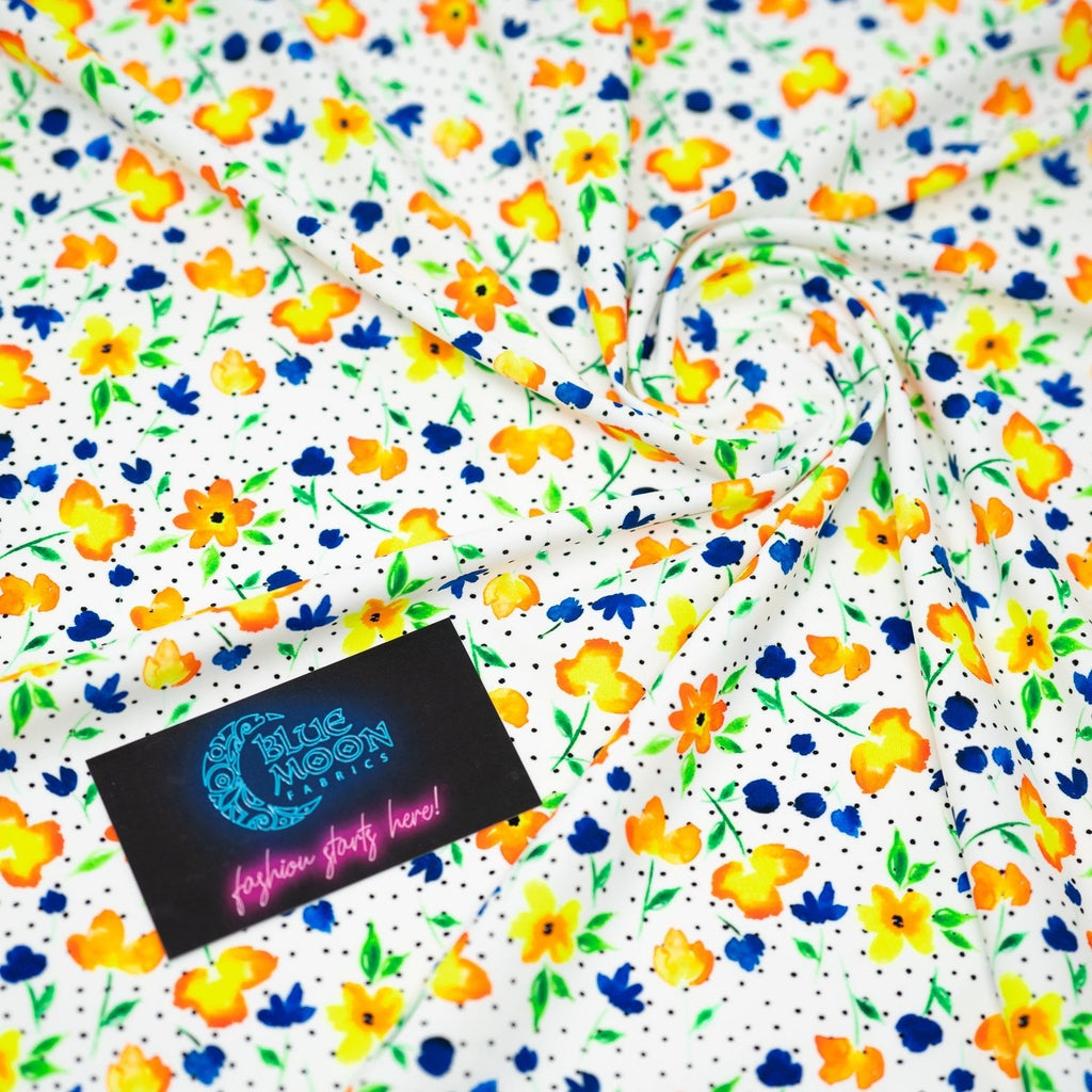 Watercolor Flowers and Black Dots Printed Spandex Fabric | CDW