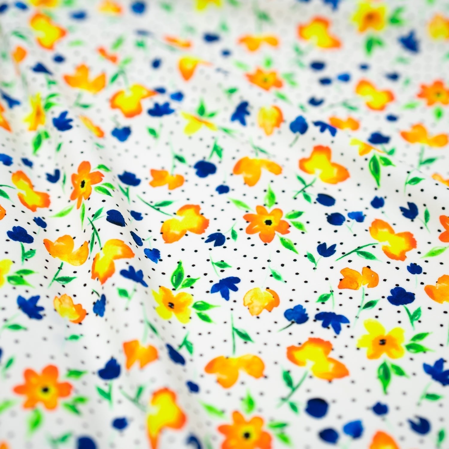 Watercolor Flowers and Black Dots Printed Spandex Fabric | CDW