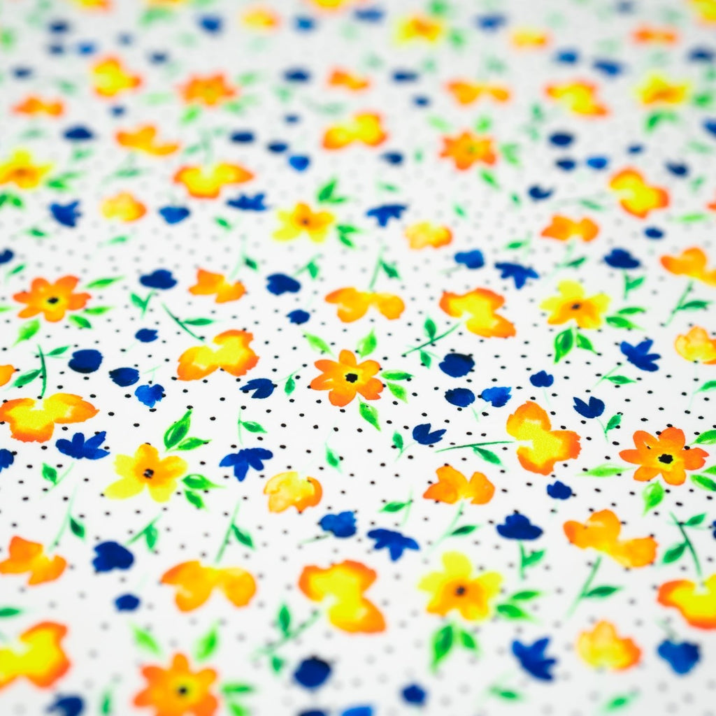 Watercolor Flowers and Black Dots Printed Spandex Fabric | CDW