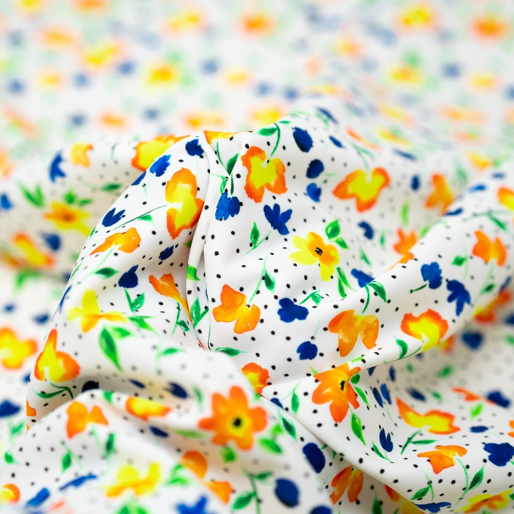 Watercolor Flowers and Black Dots Printed Spandex Fabric | CDW