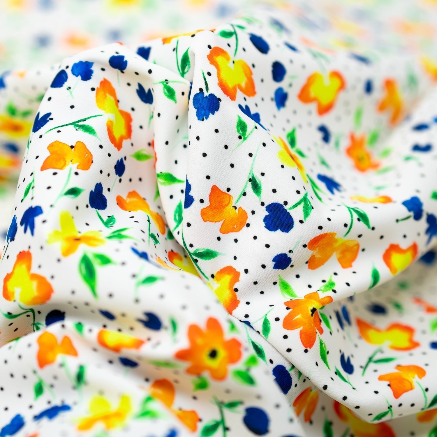 Watercolor Flowers and Black Dots Printed Spandex Fabric | CDW