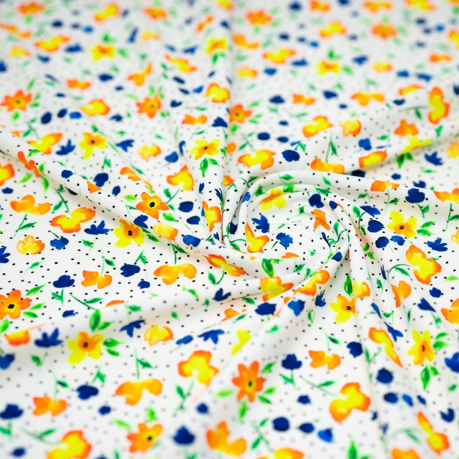 Watercolor Flowers and Black Dots Printed Spandex Fabric | CDW