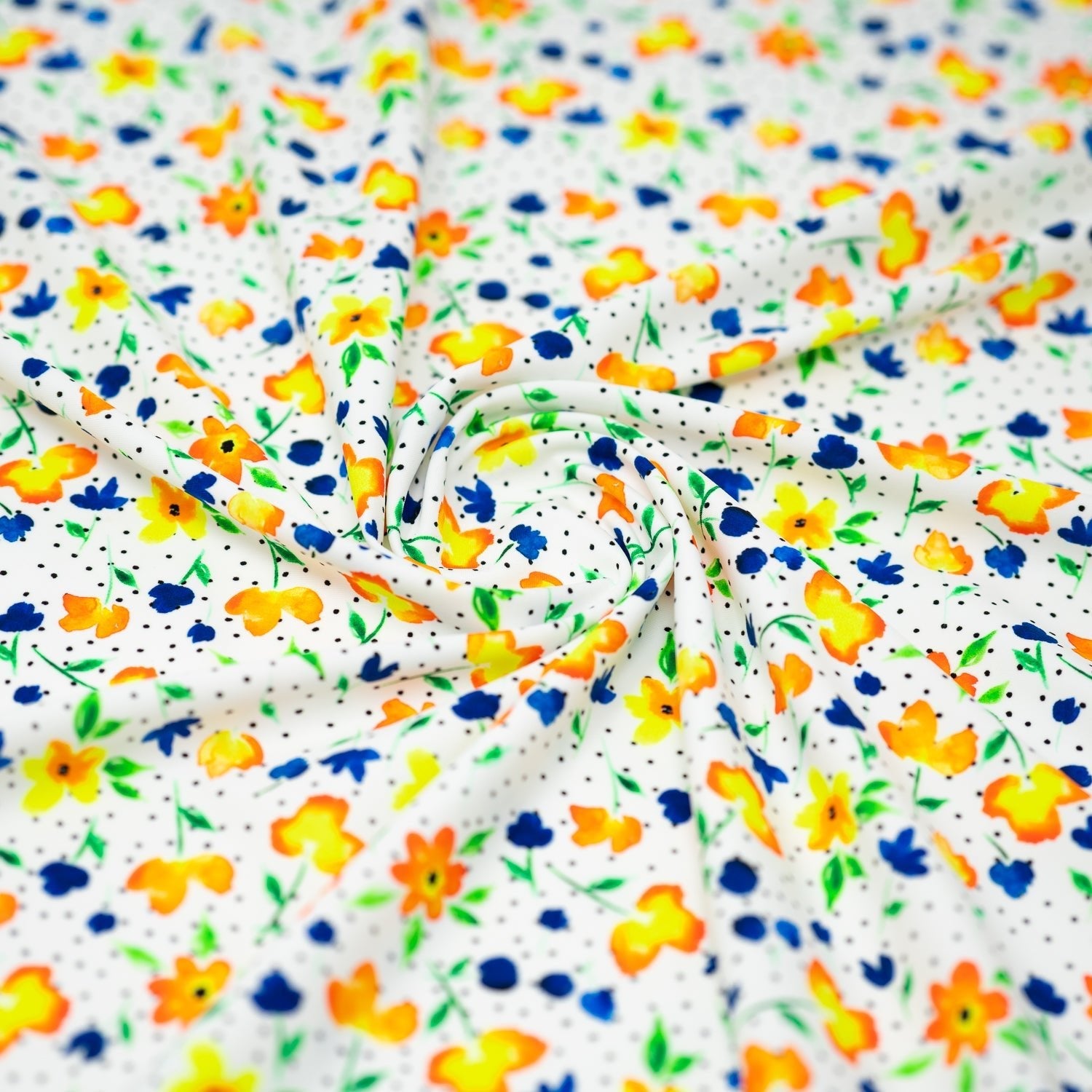 Watercolor Flowers and Black Dots Printed Spandex Fabric | CDW
