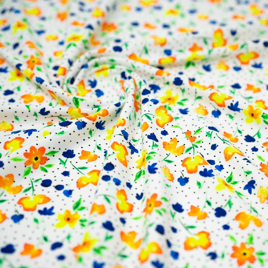 Watercolor Flowers and Black Dots Printed Spandex Fabric | CDW