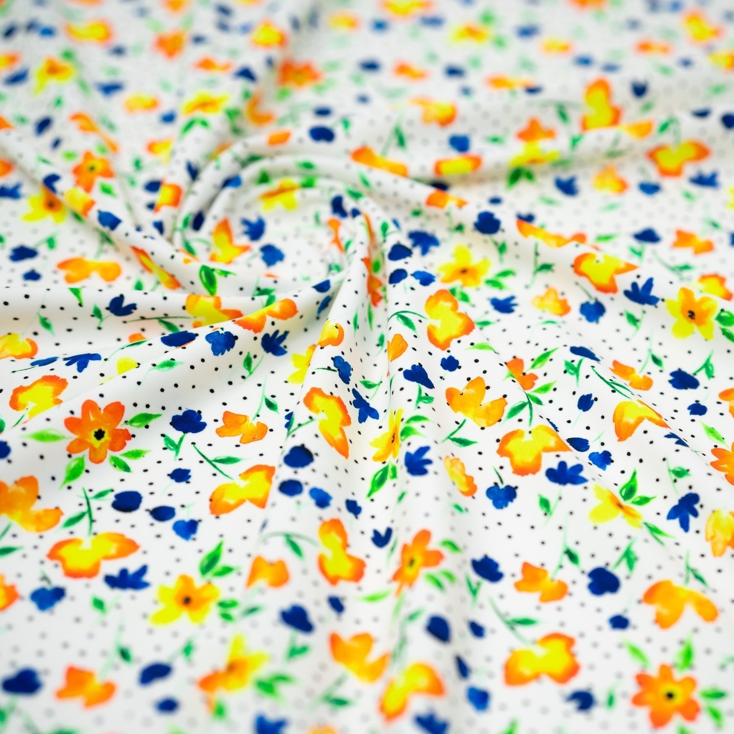 Watercolor Flowers and Black Dots Printed Spandex Fabric | CDW