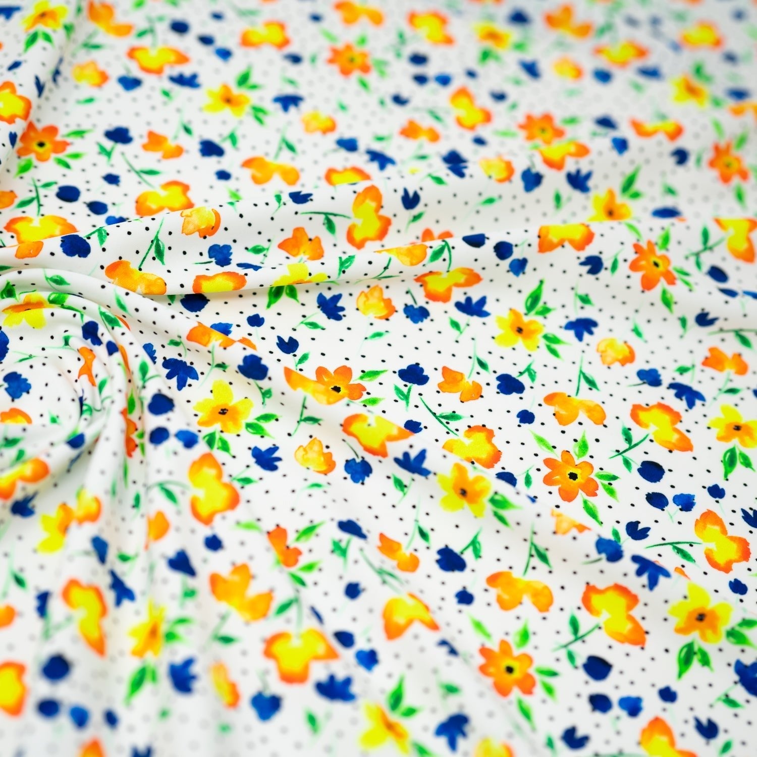 Watercolor Flowers and Black Dots Printed Spandex Fabric | CDW