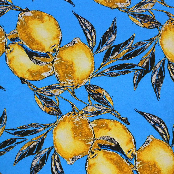 Vintage Lemons on Blue Ground Printed Spandex Fabric | CDW