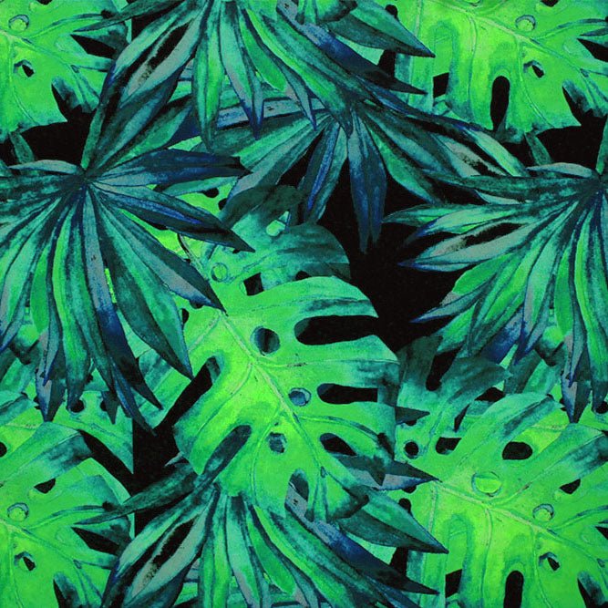 Mixed Palm Leaves Black Ground Printed Spandex Fabric | CDW