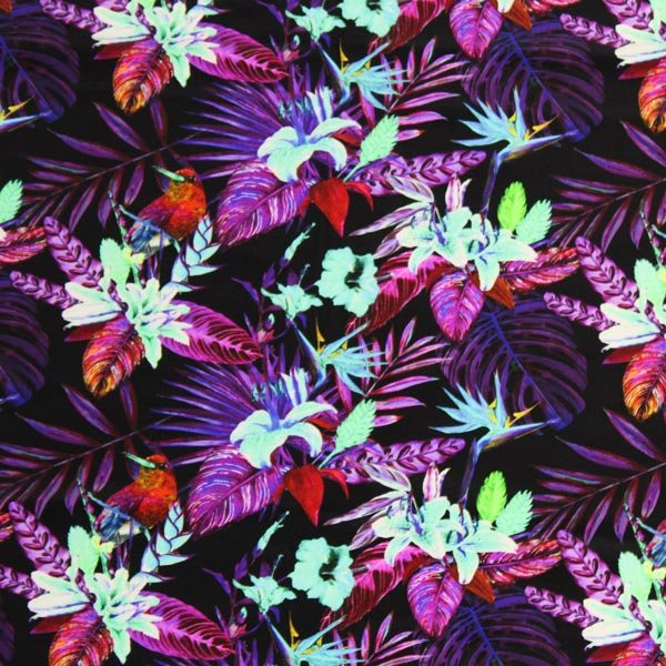 Black Purple Birds of Paradise Printed Spandex Fabric | CDW