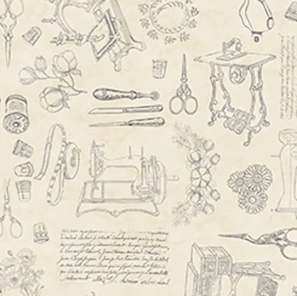 Natural Sewing Motifs Allover Wideback Fabric per yard