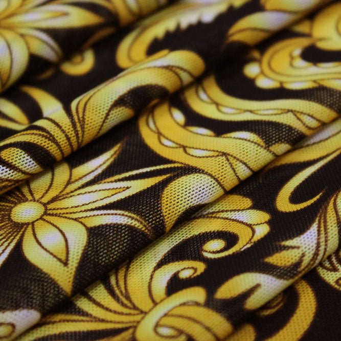 Gold Black Baroque Printed Power Mesh Fabric | CDW