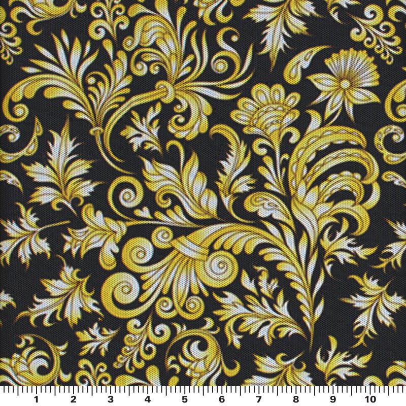 Gold Black Baroque Printed Power Mesh Fabric | CDW