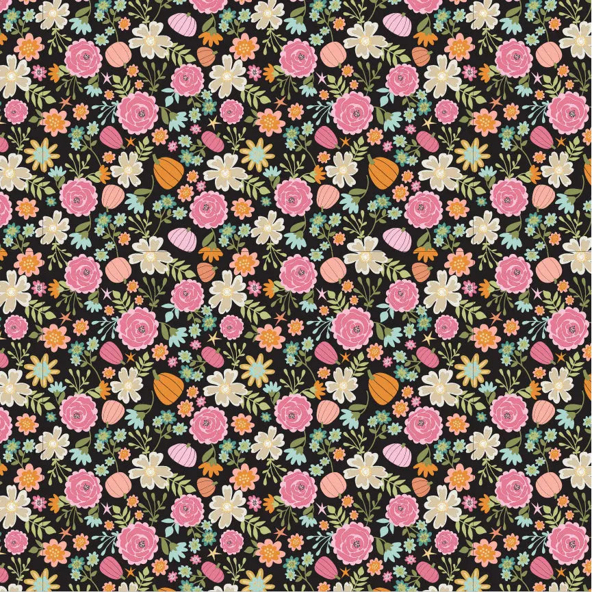 Pretty Pumpkin Poppie Cotton Black 44"/45" Fabric Per Yard