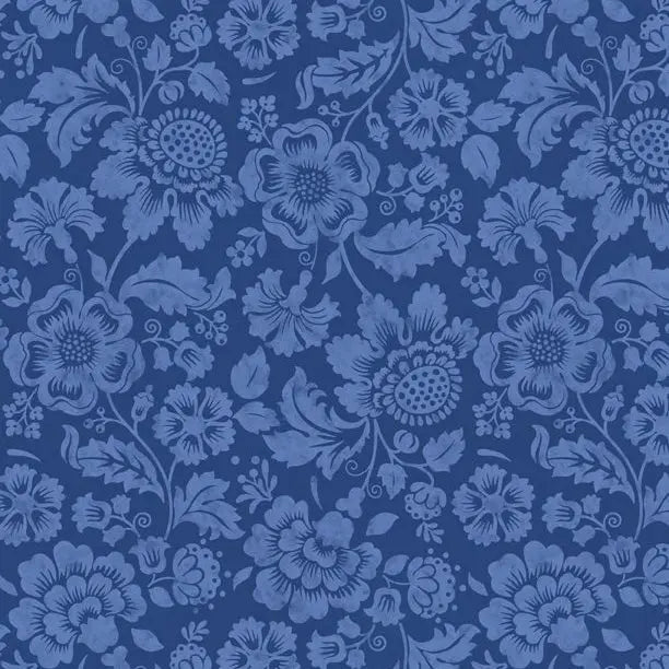 Sweet Cherry - Tonal Floral Navy/Blue Cotton 44"/45" Fabric Per Yard