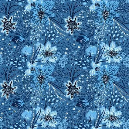 Whimsy Blue Flowing Flowers 44"/45" Fabric Per Yard