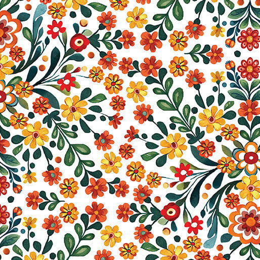 White Folklore Garden Cotton 44"/45" Fabric Per Yard