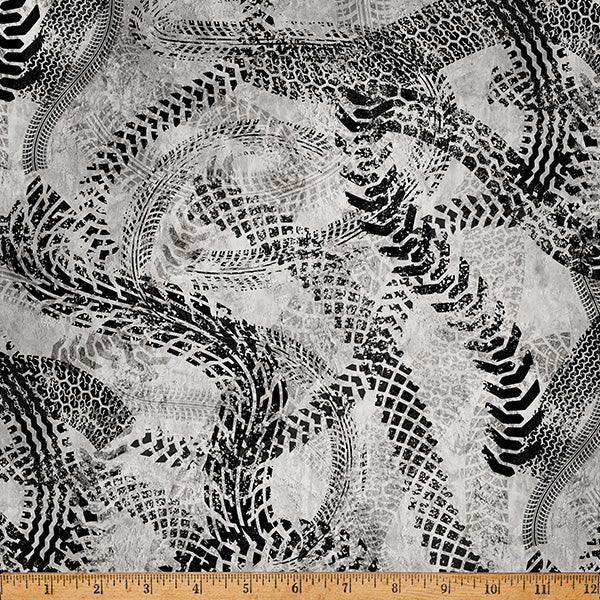 Gray Hammer Down Tire Tracks 43"/44" Fabric Per Yard