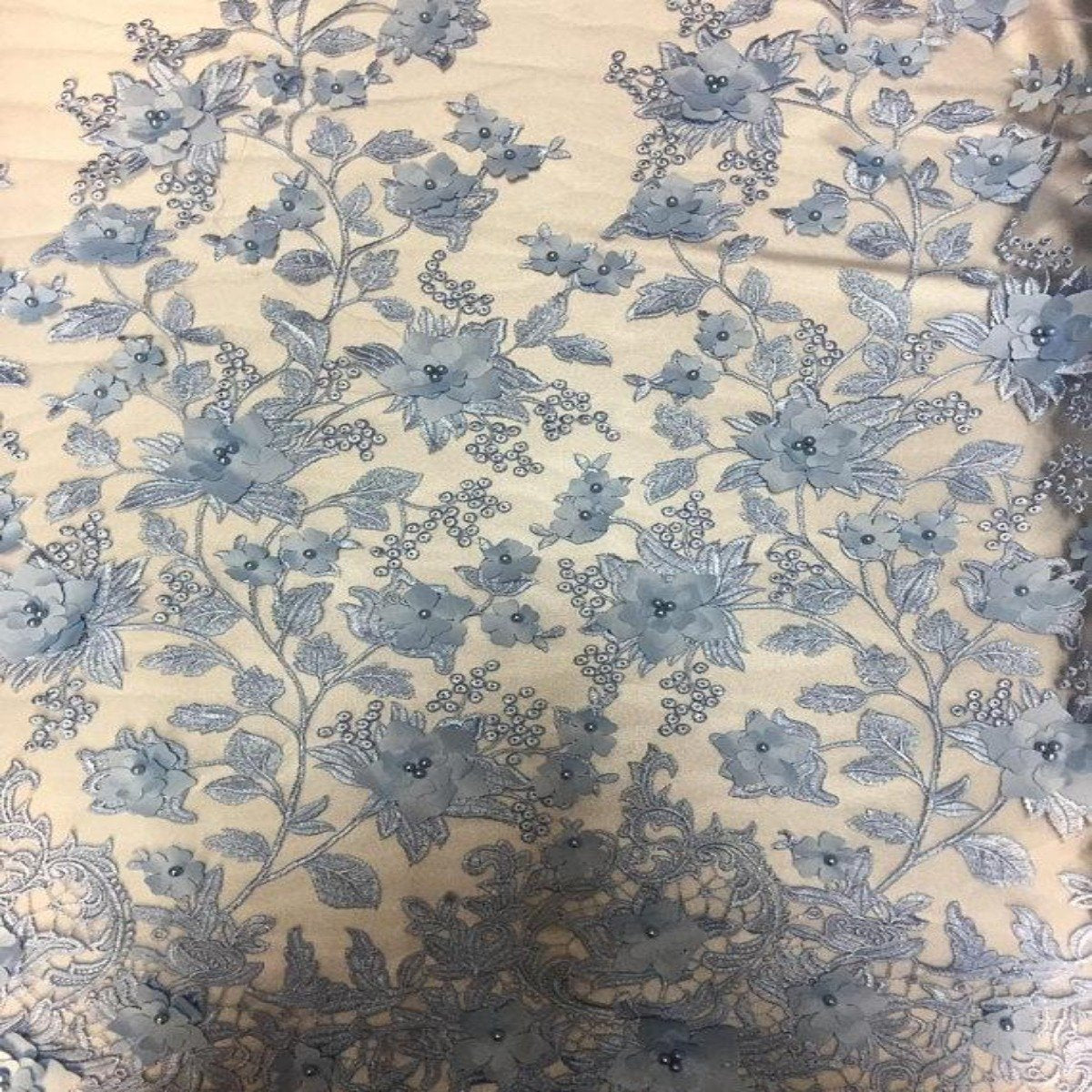 3D Embroidered Satin Floral Pearl Lace Fabric