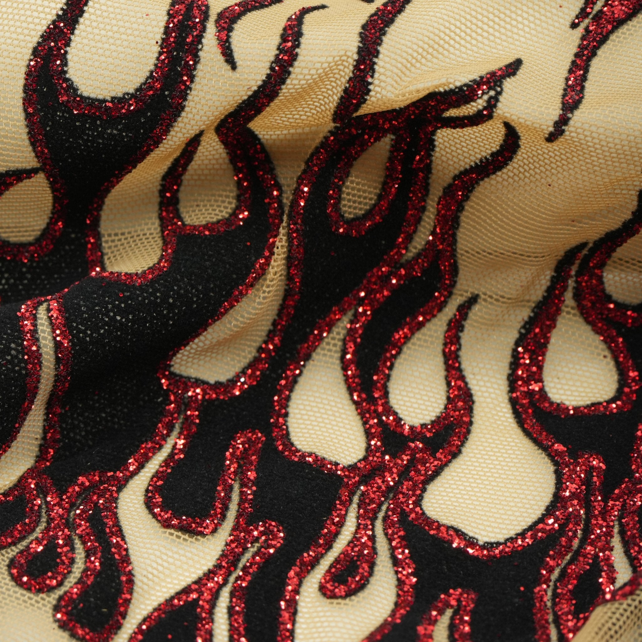 Fiery Glittered Flocked Stretch Mesh Fabric | CDW