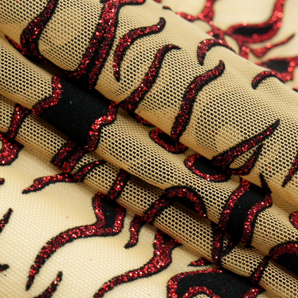 Fiery Glittered Flocked Stretch Mesh Fabric | CDW