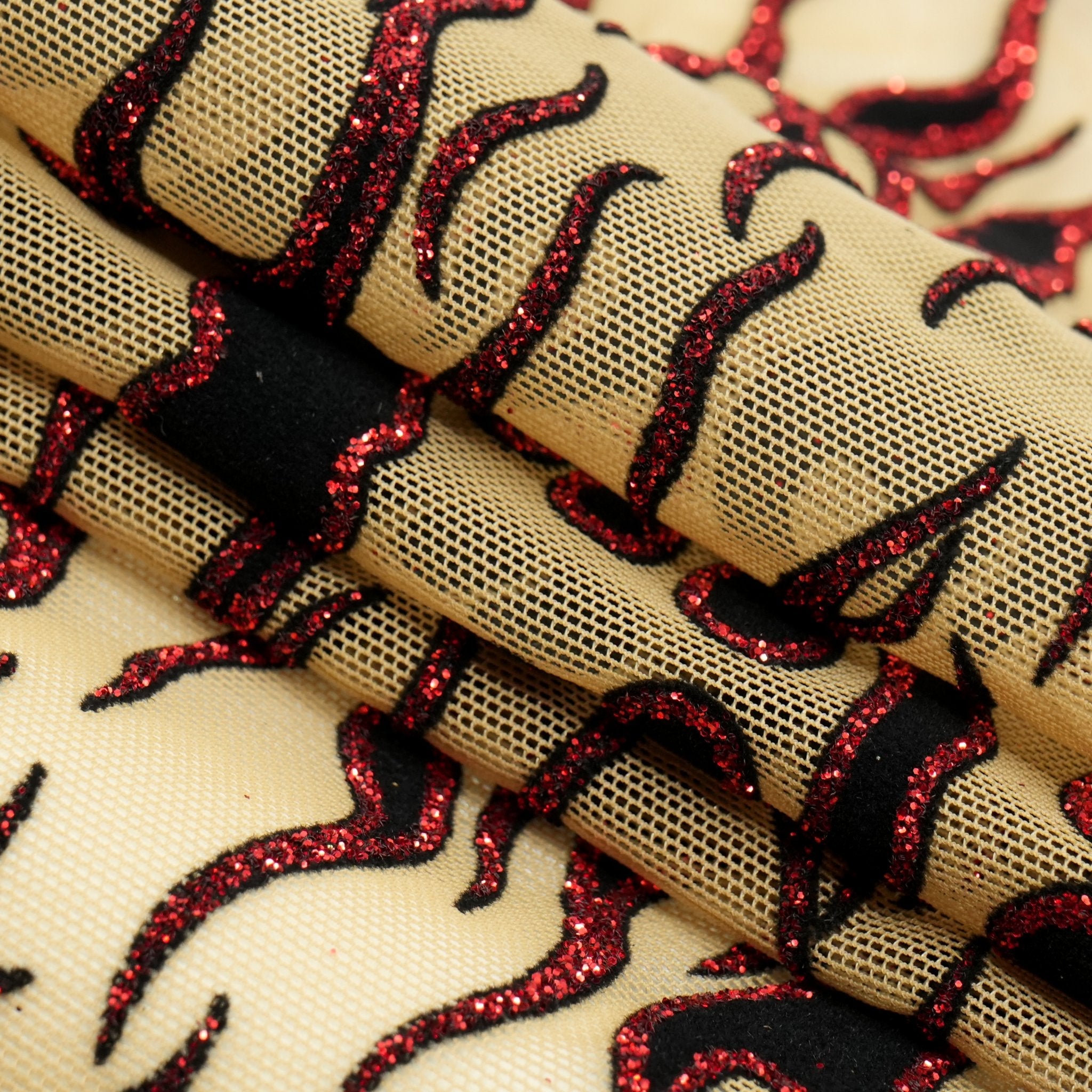 Fiery Glittered Flocked Stretch Mesh Fabric | CDW