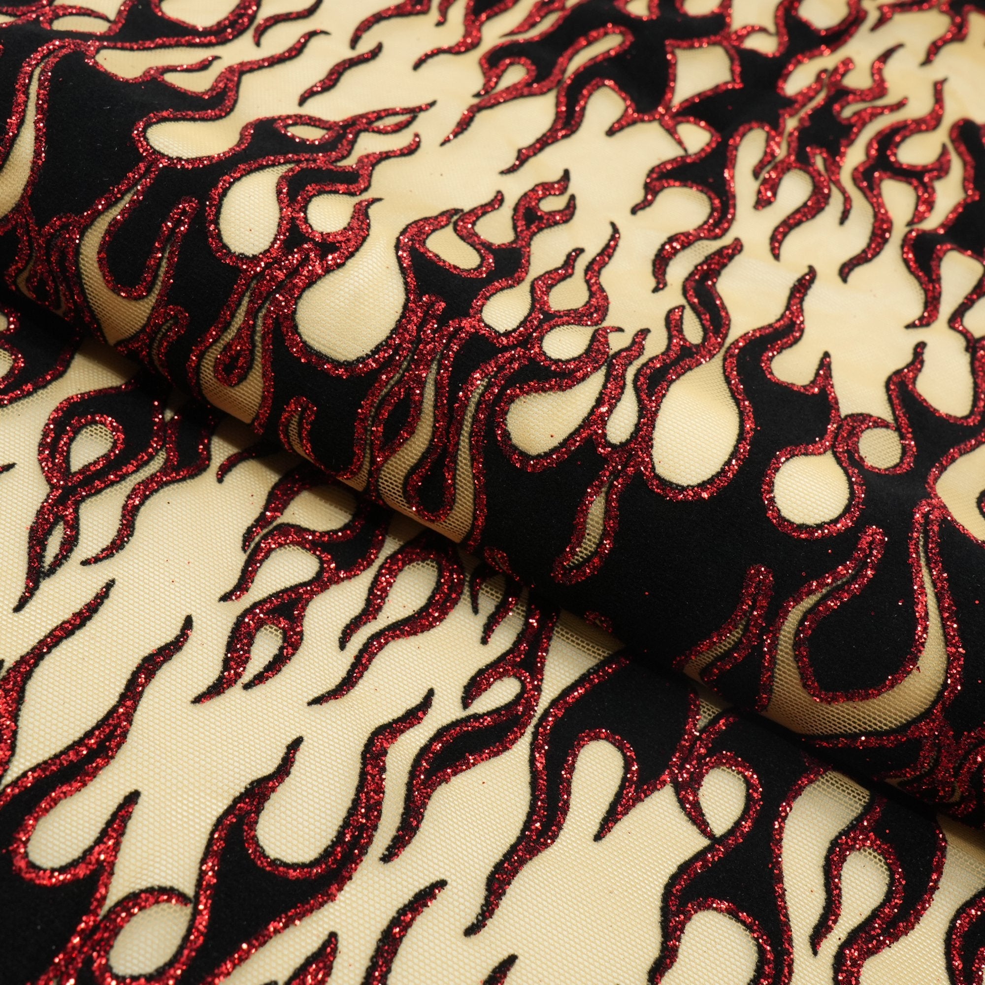 Fiery Glittered Flocked Stretch Mesh Fabric | CDW