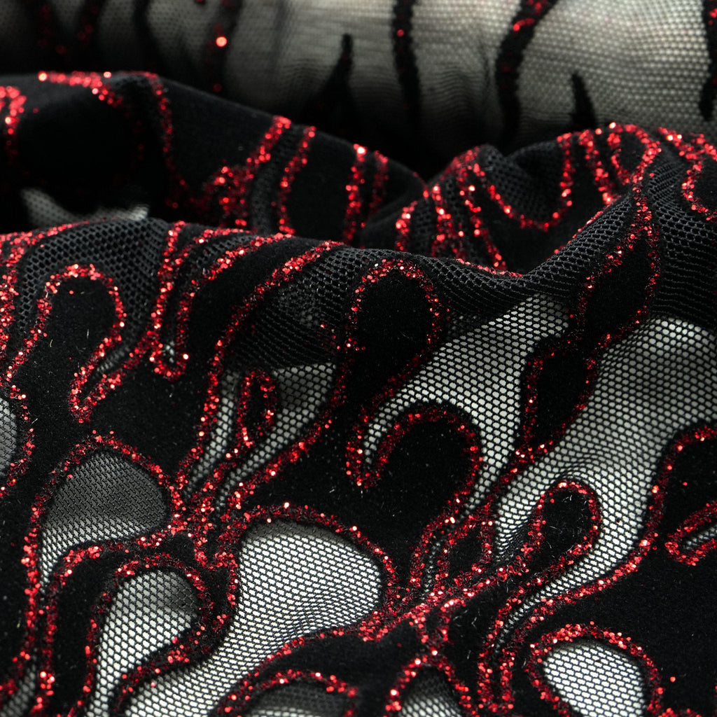 Fiery Glittered Flocked Stretch Mesh Fabric | CDW