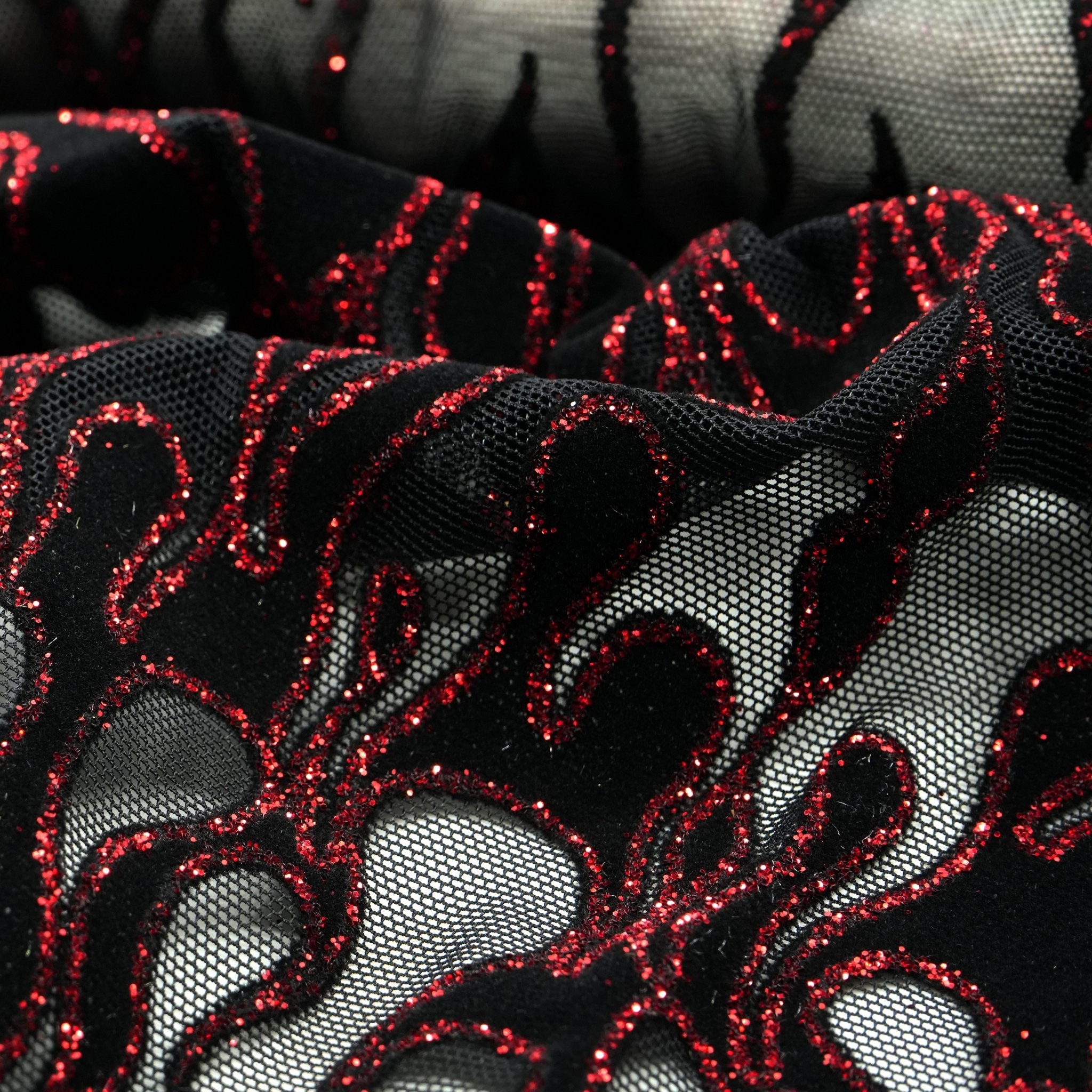 Fiery Glittered Flocked Stretch Mesh Fabric | CDW
