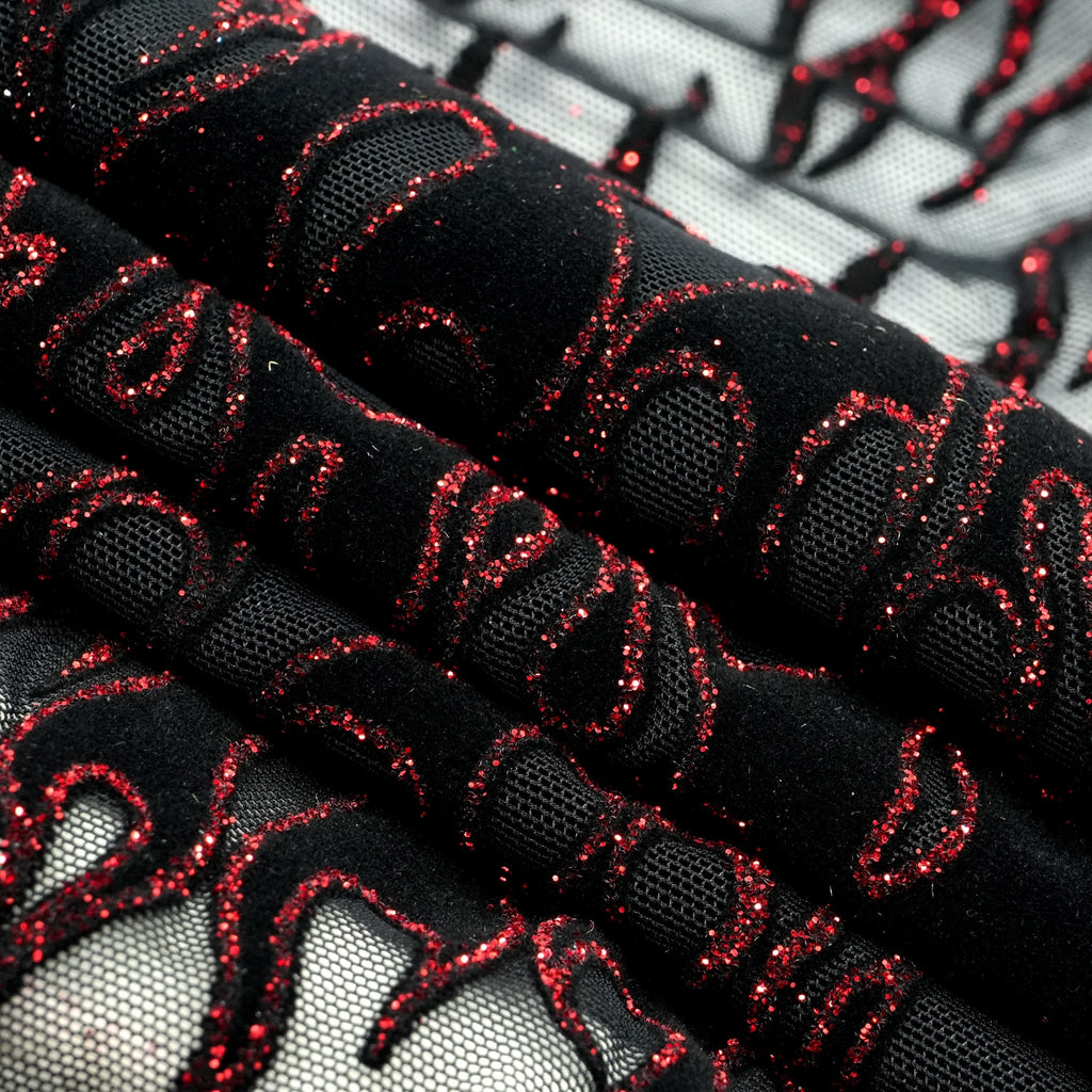 Fiery Glittered Flocked Stretch Mesh Fabric | CDW