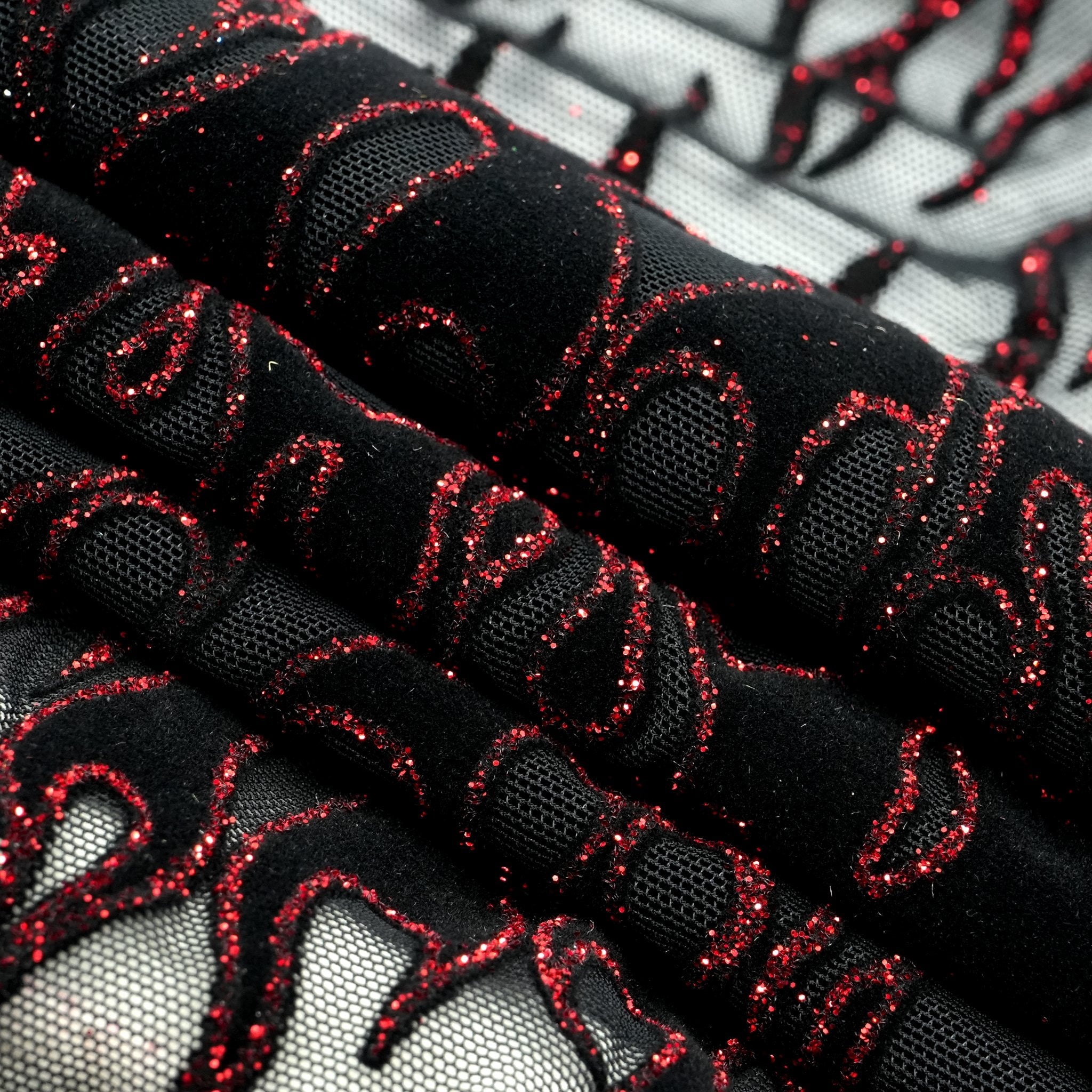Fiery Glittered Flocked Stretch Mesh Fabric | CDW