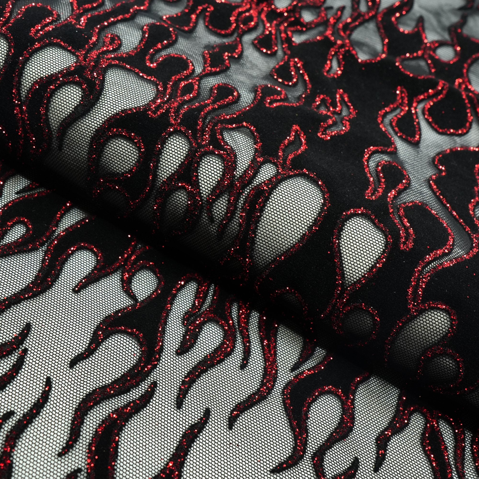 Fiery Glittered Flocked Stretch Mesh Fabric | CDW