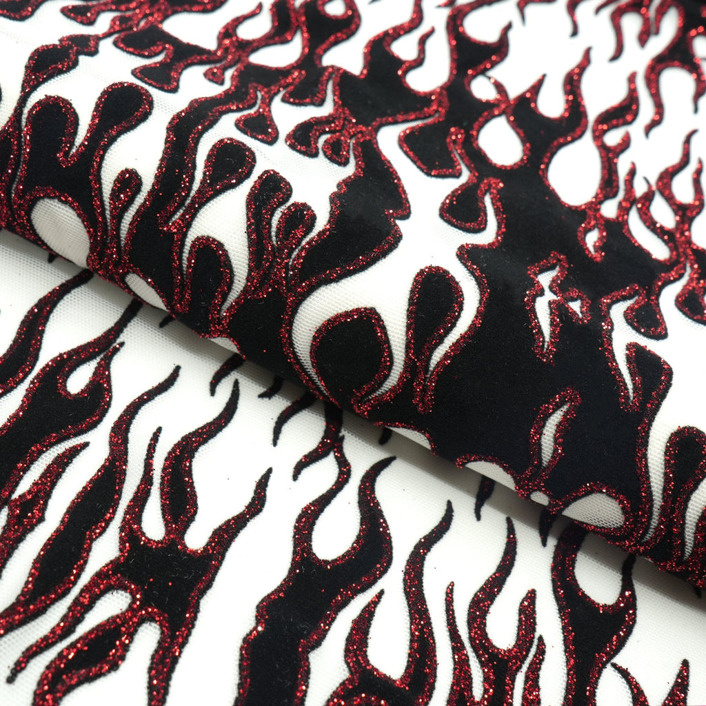Fiery Glittered Flocked Stretch Mesh Fabric | CDW